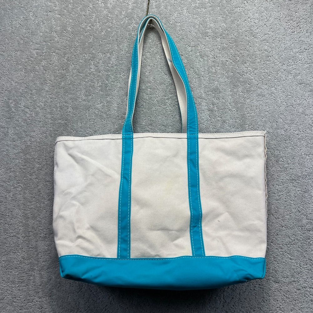 LL Bean Boat and Tote Zip Top Canvas Bag Large Blue White Coastal Made in USA